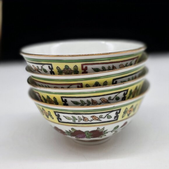 Chinese Porcelain Soup Bowls Floral Butterfly Heart Design Gold Trim 3.5" - Picture 6 of 8